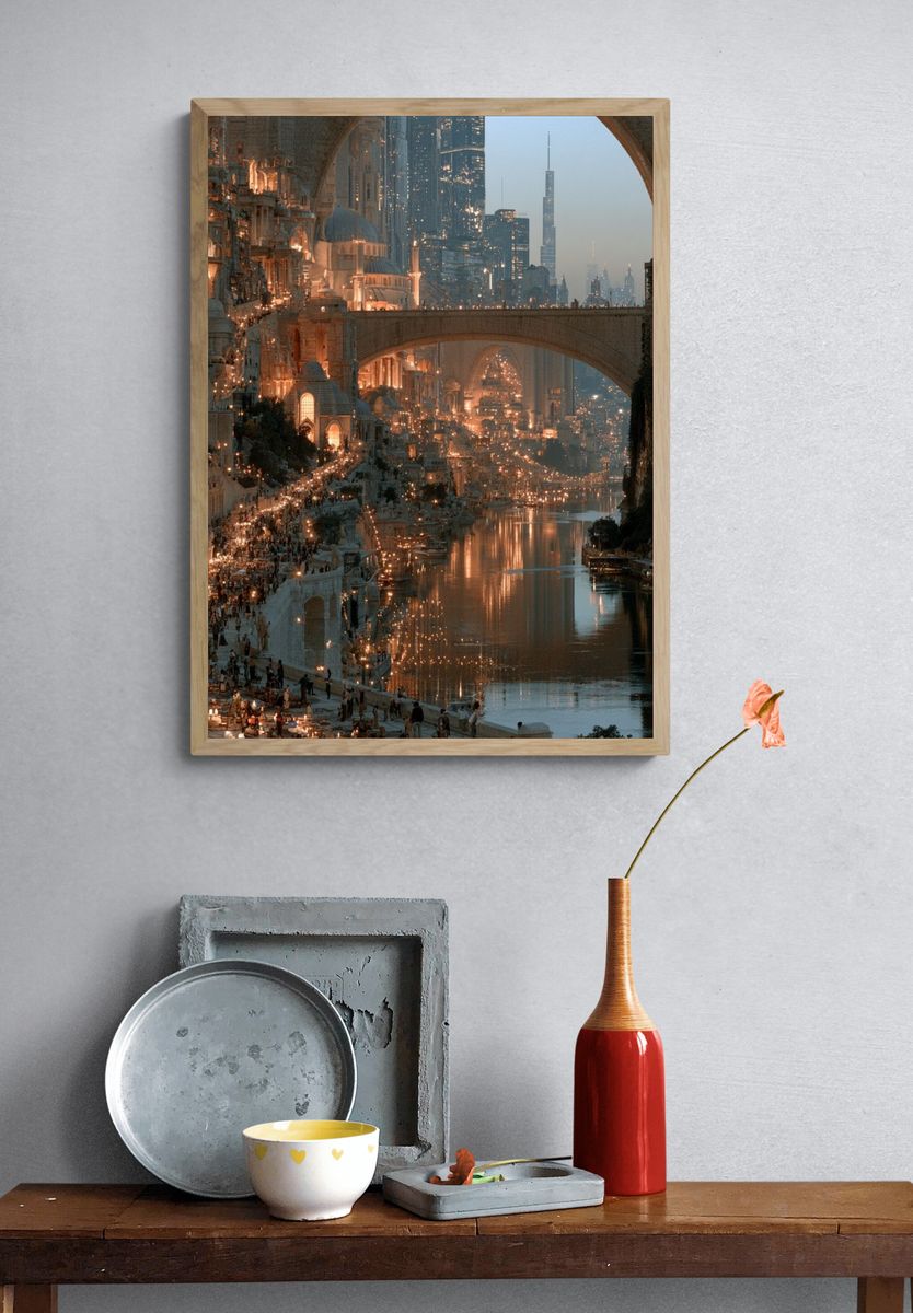 Futuristic City Canal Landscape Print. — room view 3