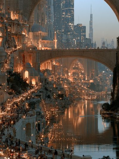 Futuristic City Canal Landscape Print. poster
