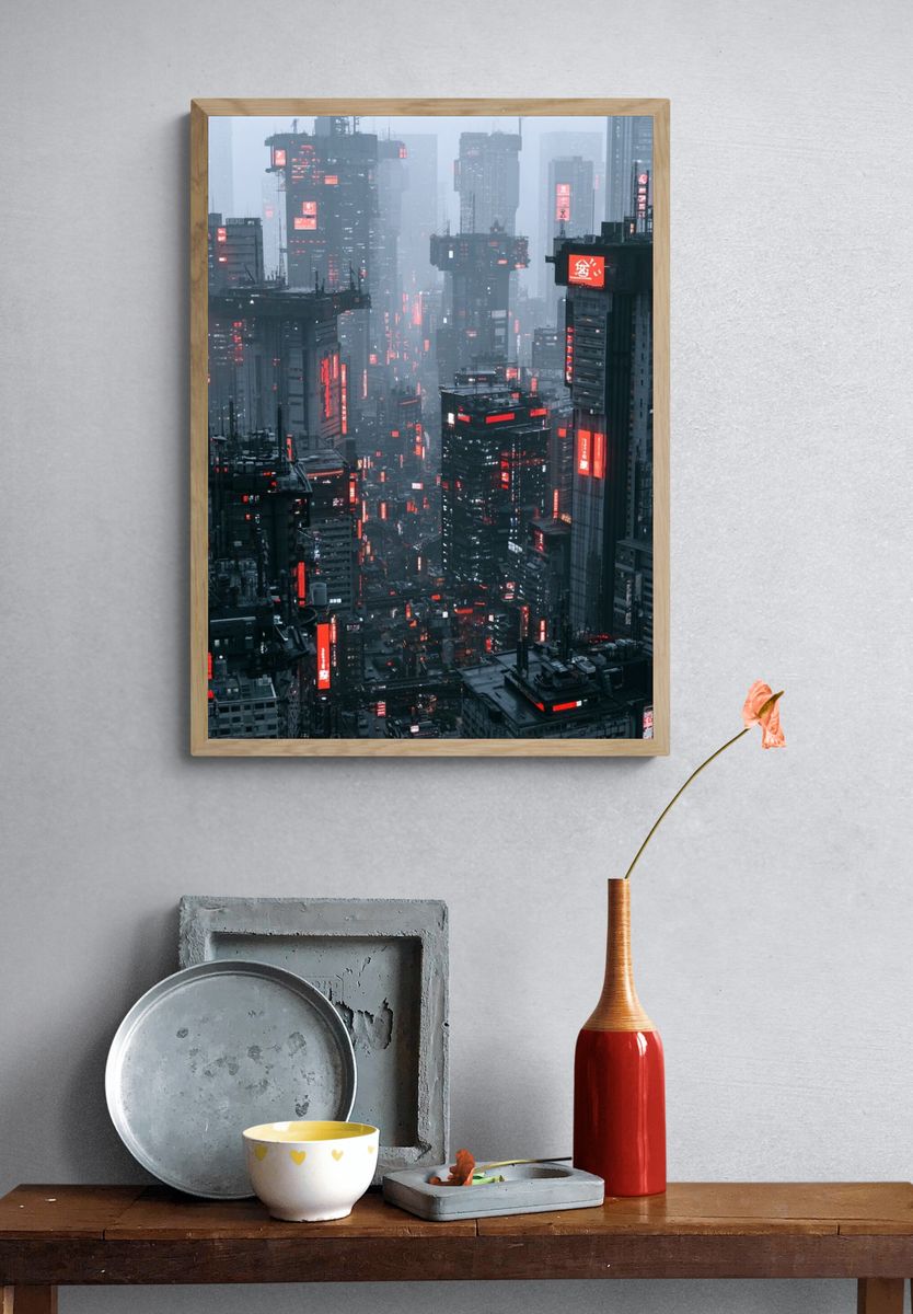 Neon Cyberpunk Cityscape Poster. — room view 3