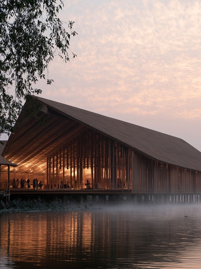 Lakeside Pavilion at Dawn Print. poster — architecture art