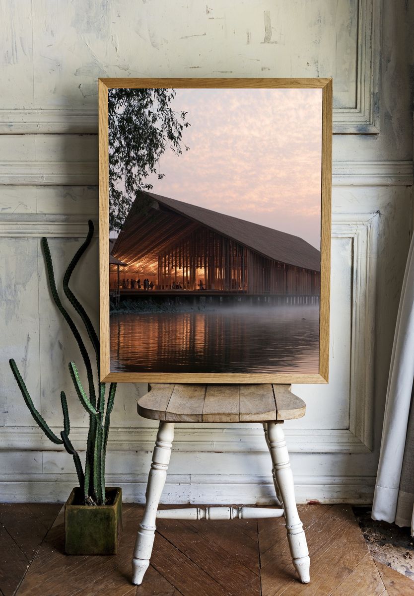 Lakeside Pavilion at Dawn Print. — room view 1