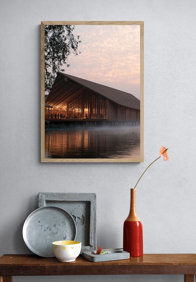 Lakeside Pavilion at Dawn Print. — room view 3