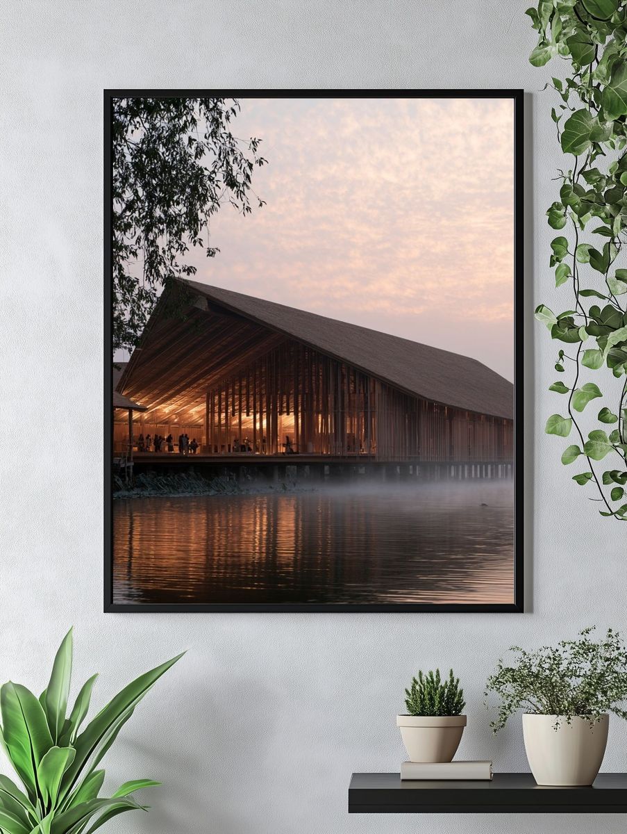 Lakeside Pavilion at Dawn Print. — room view 4