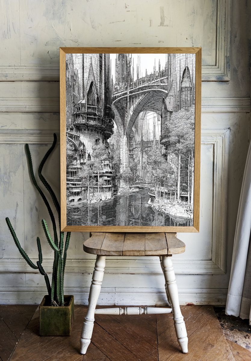 Futuristic Cityscape Architecture Print. — room view 1
