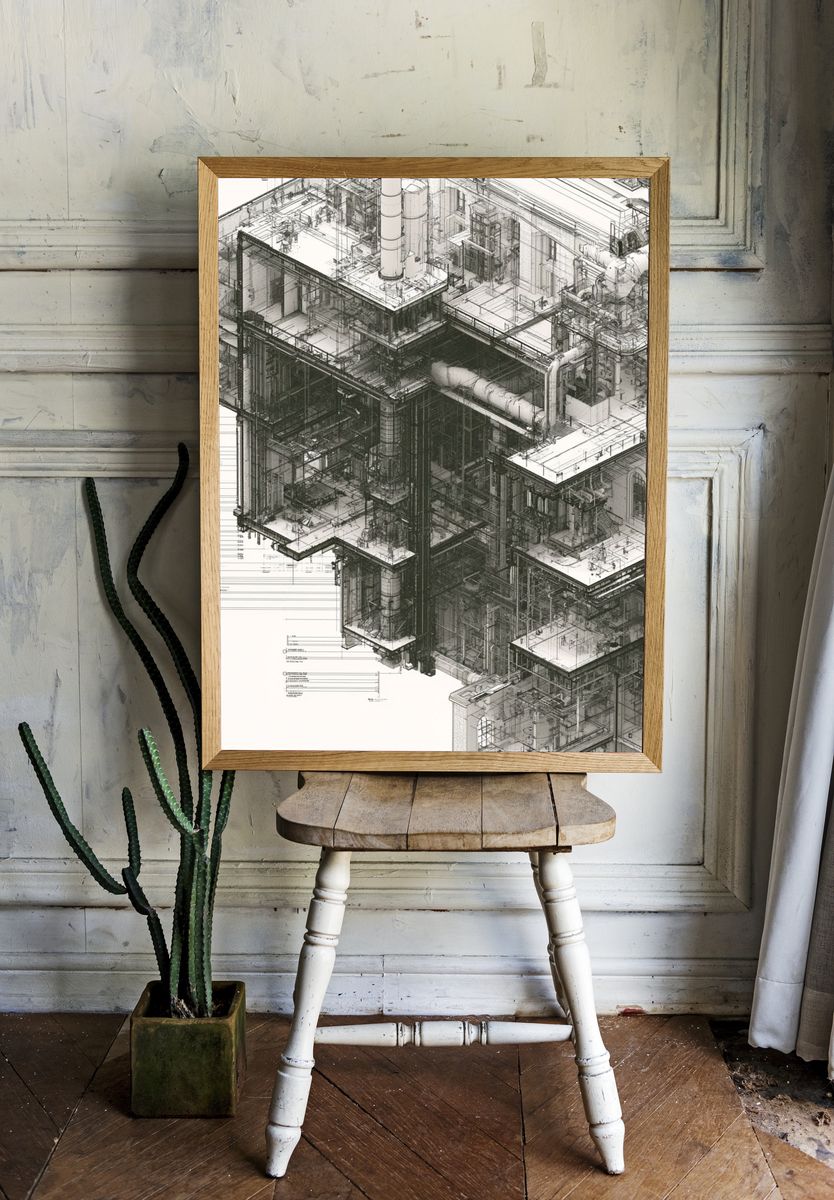 Industrial Blueprint Architecture Print. — room view 1