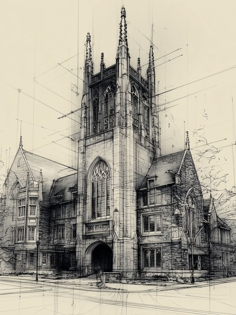Architectural Sketch of a Church — Illustration Print. poster — architecture art