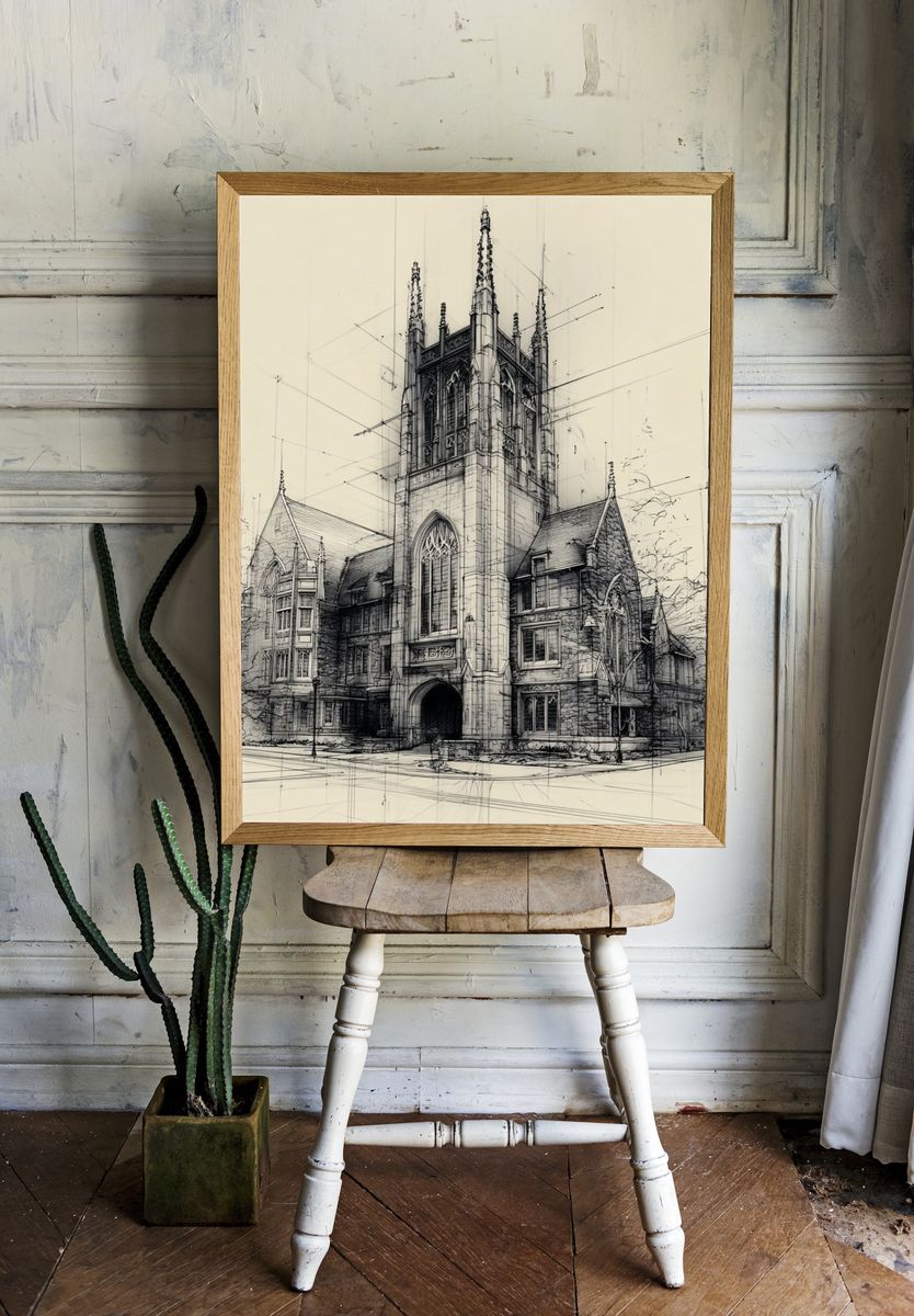 Architectural Sketch of a Church — Illustration Print. — room view 1