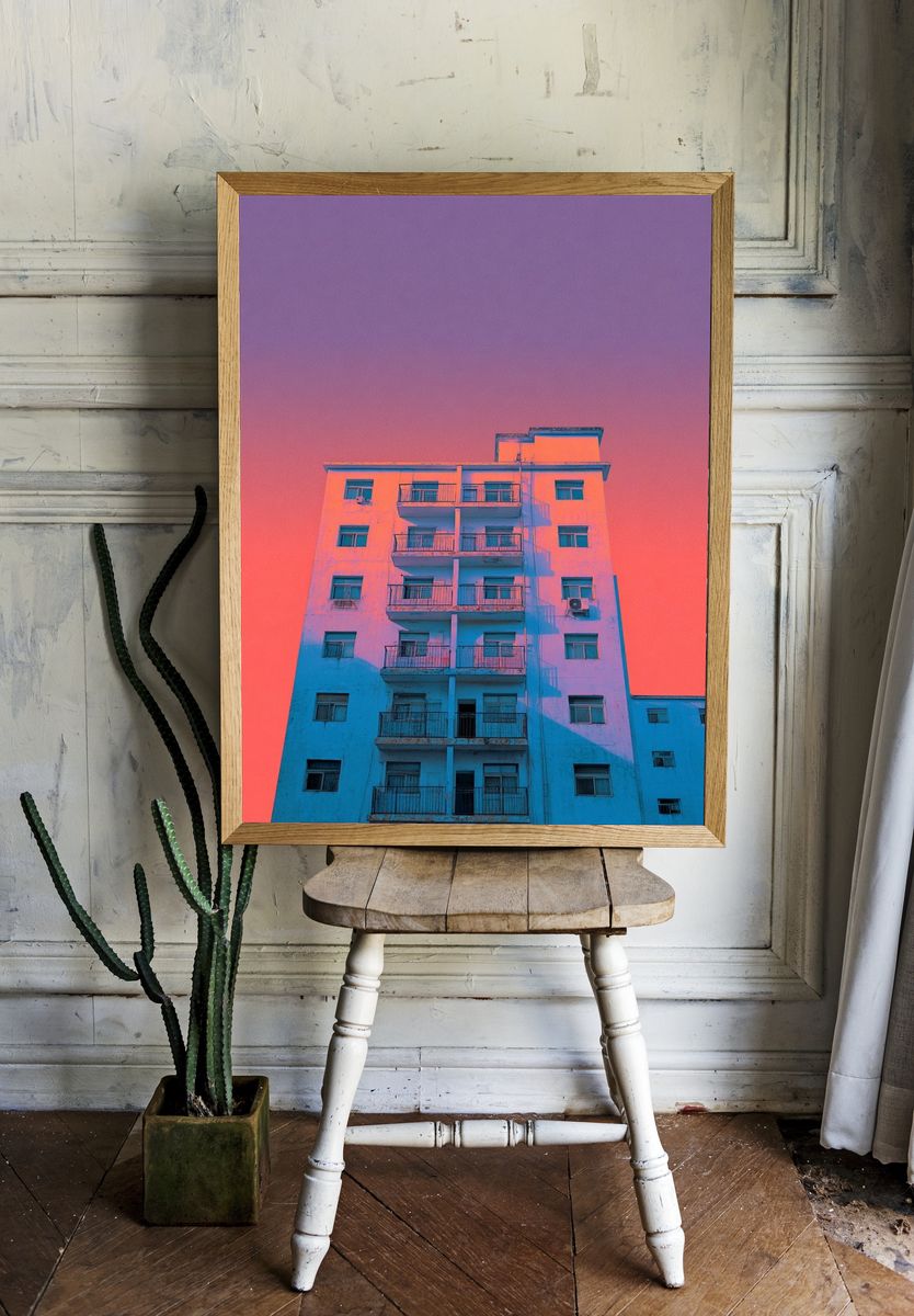 Neon Apartment Facade Photography Poster. — room view 1