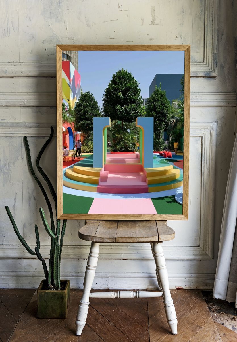Colorful Courtyard Scene Poster. — room view 1