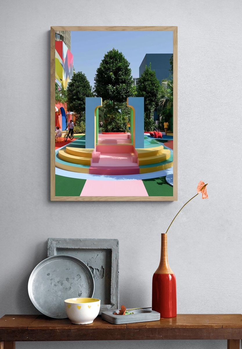 Colorful Courtyard Scene Poster. — room view 3
