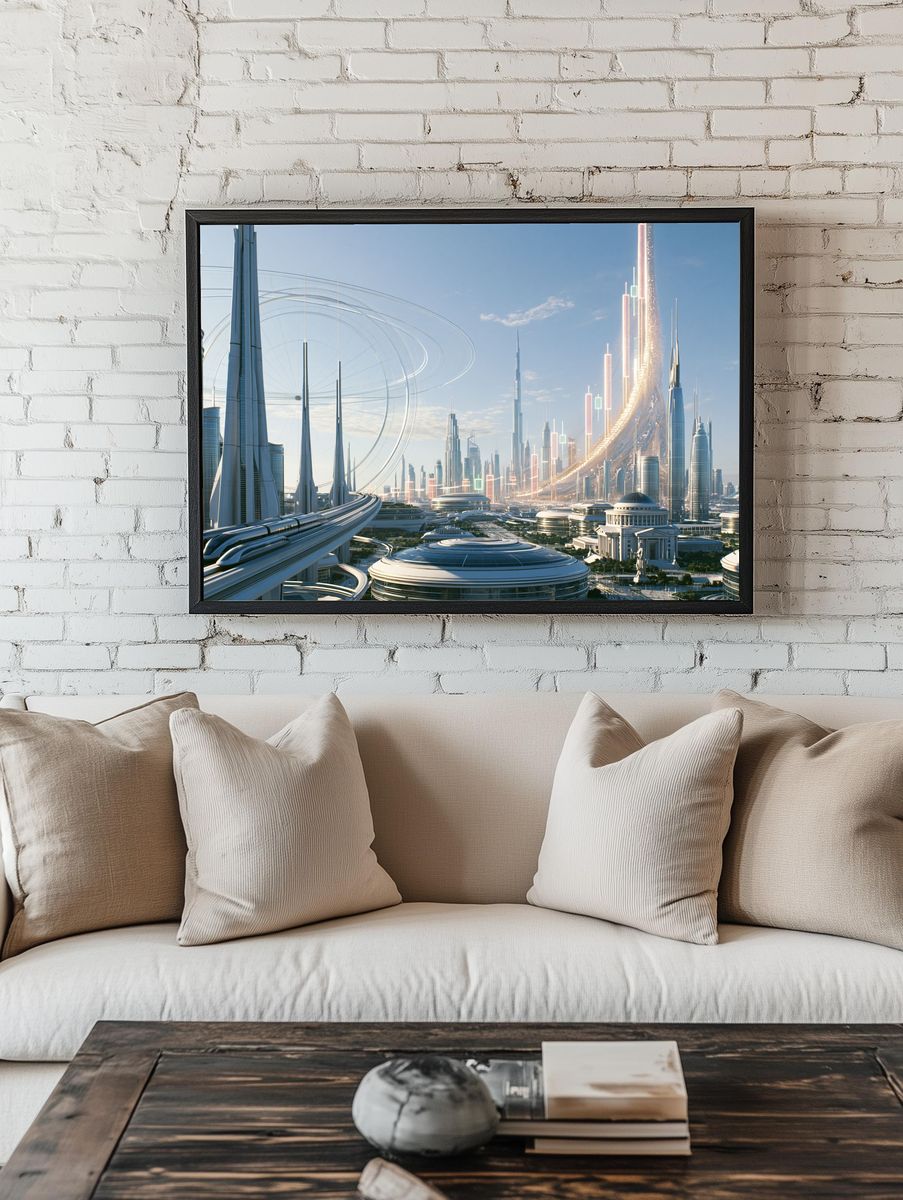 Futuristic Skyline Cityscape Print. room preview