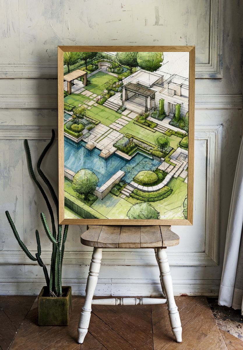 Modern Garden Villa Illustration Poster. — room view 1