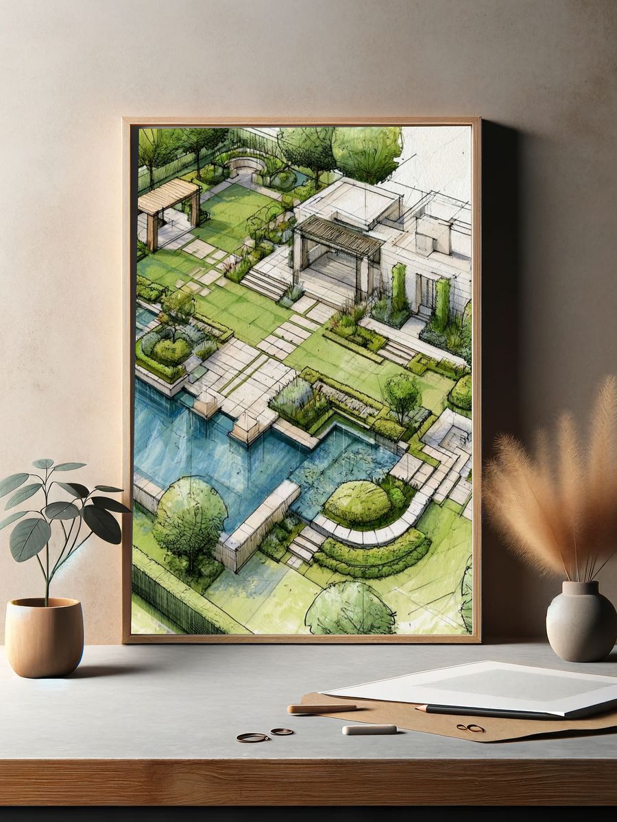 Modern Garden Villa Illustration Poster. — room view 2
