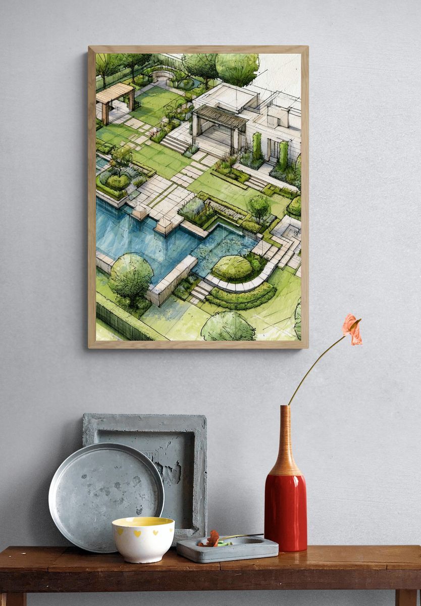 Modern Garden Villa Illustration Poster. — room view 3