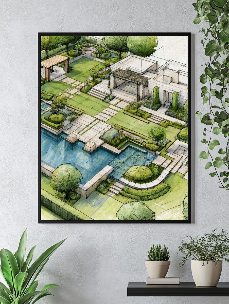 Modern Garden Villa Illustration Poster. — room view 4