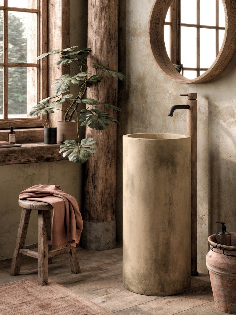 Rustic Japandi Bathroom Interior Print. poster detail