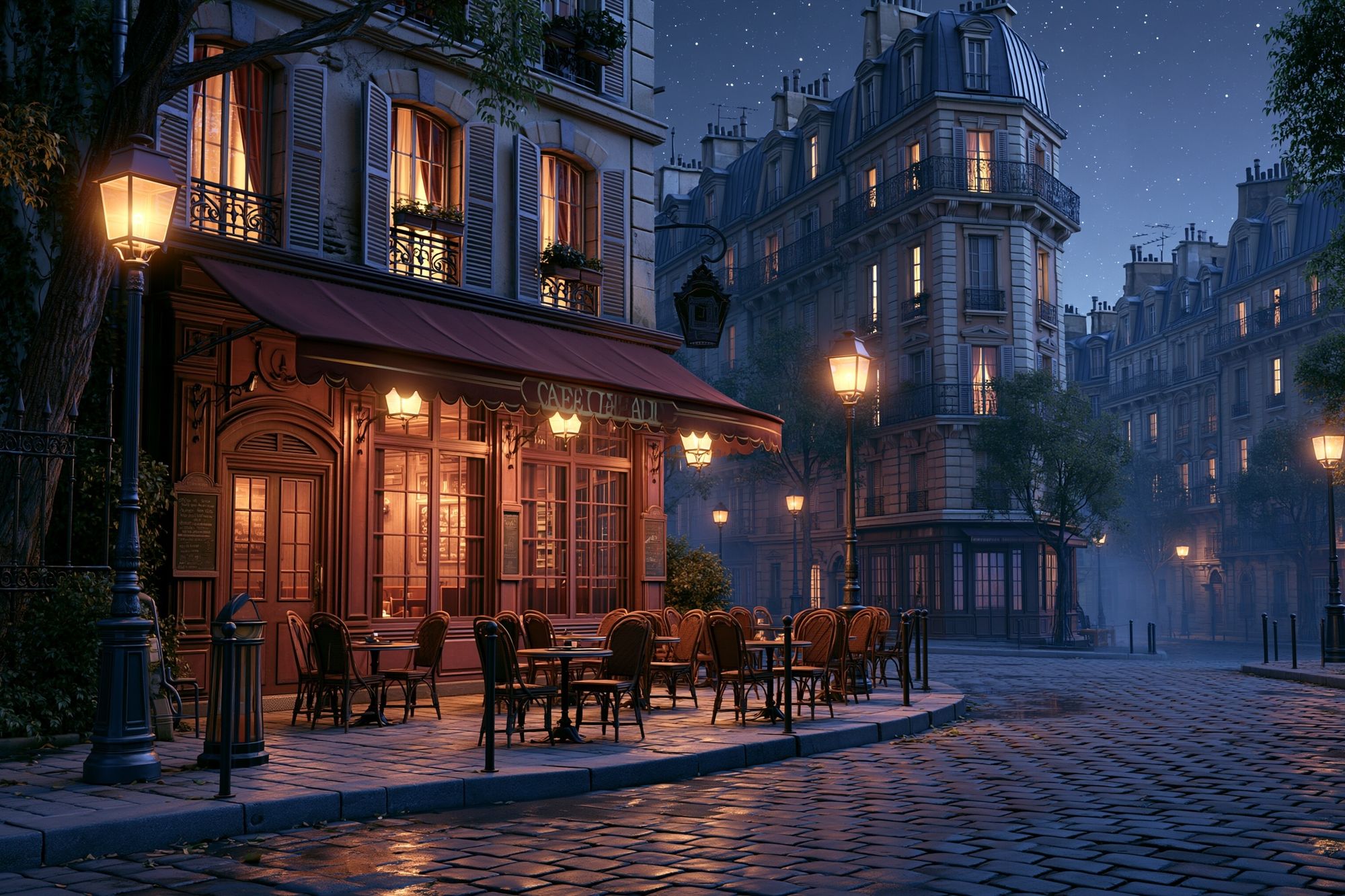 Parisian Café Nightscape Poster. poster detail