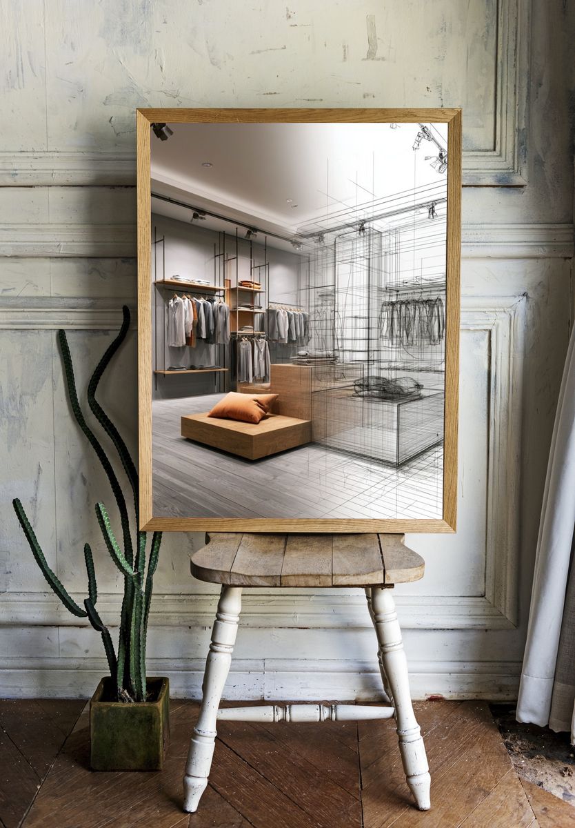 Fashion Store Interior Sketch Poster. — room view 1