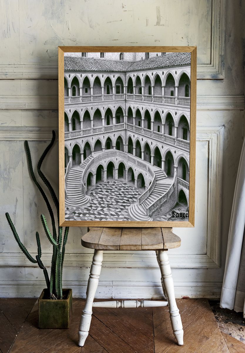 Gothic Cloister Courtyard Print. — room view 1