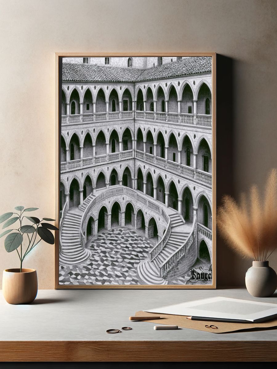 Gothic Cloister Courtyard Print. — room view 2