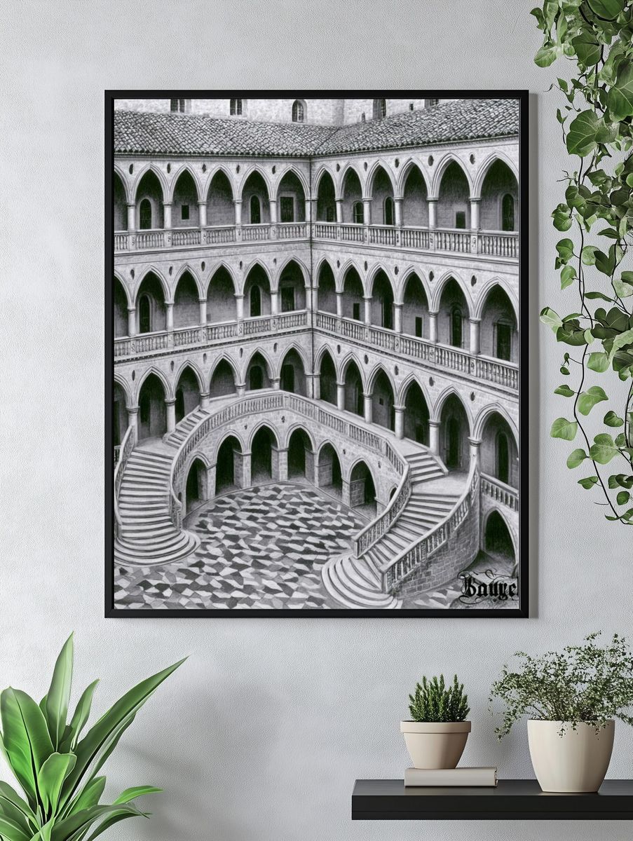 Gothic Cloister Courtyard Print. — room view 4