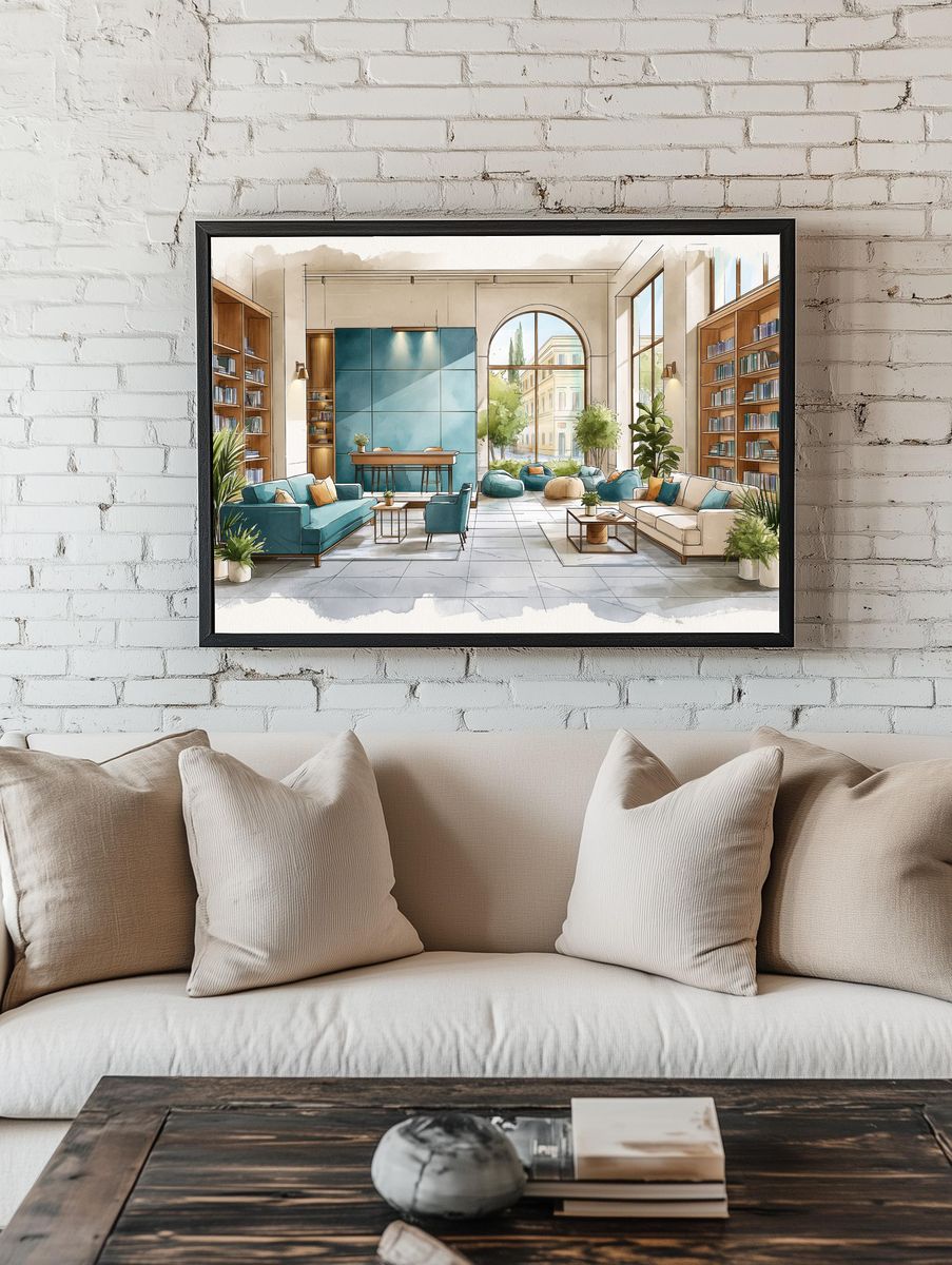 Elegant Library Lounge Illustration Poster. — room view 1