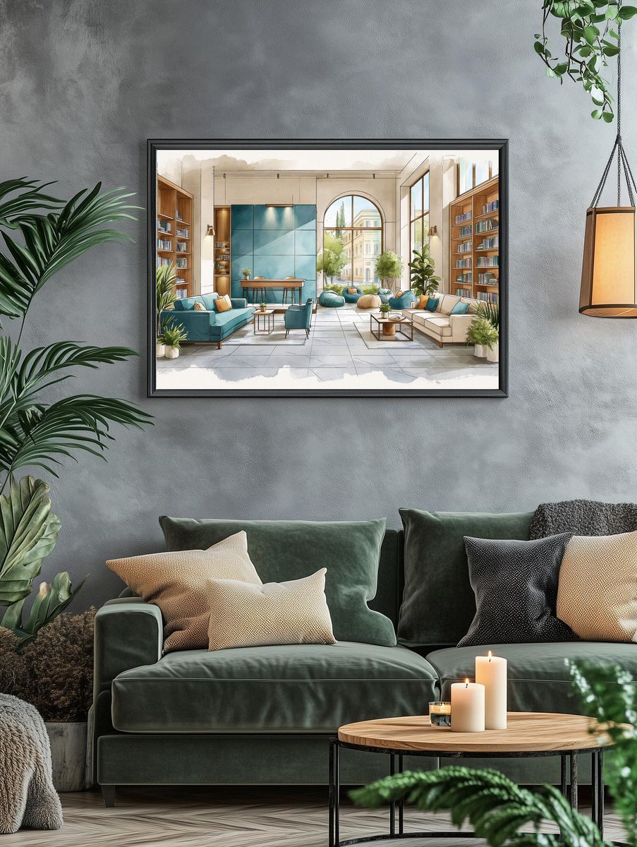 Elegant Library Lounge Illustration Poster. — room view 4