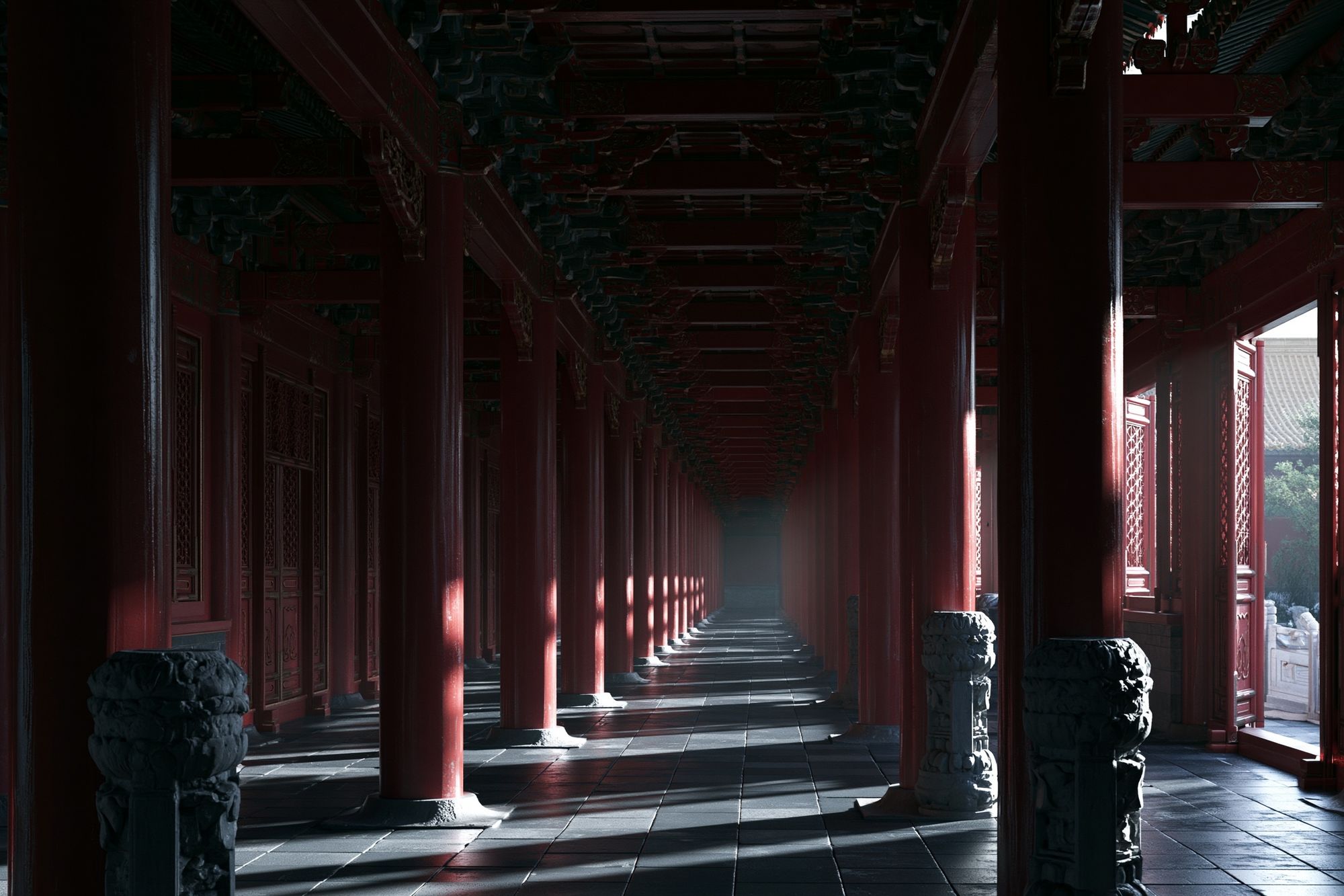 Red Temple Corridor Photography Poster. poster detail