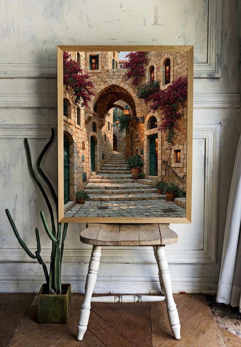 Mediterranean Stone Alley Print. — room view 1