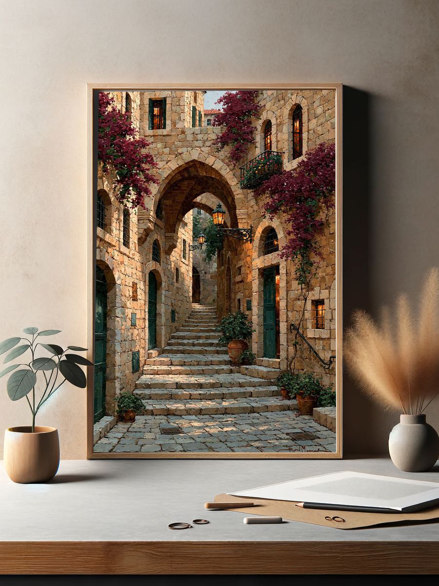 Mediterranean Stone Alley Print. — room view 2
