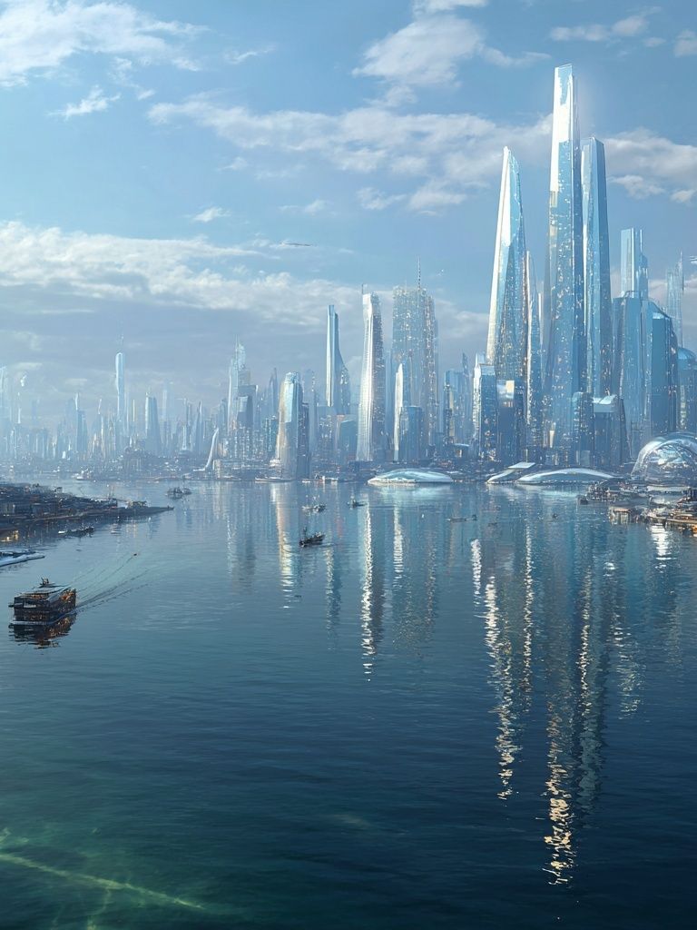 Futuristic Seaside Cityscape Print. poster — architecture art