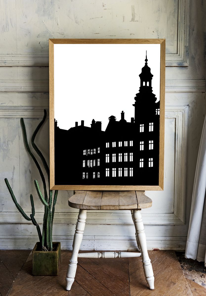 Historic City Skyline Black-White Print. — room view 1