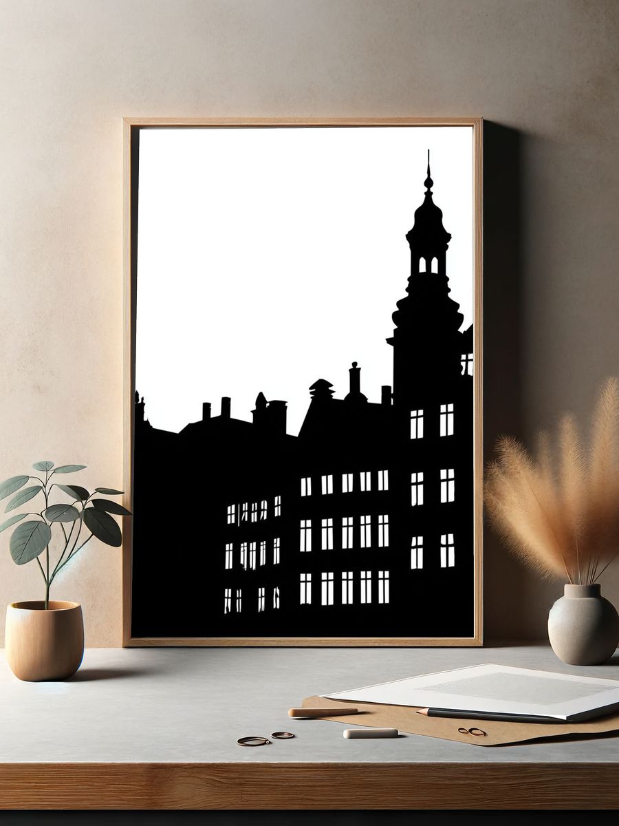 Historic City Skyline Black-White Print. — room view 2