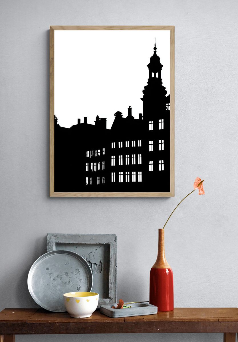 Historic City Skyline Black-White Print. — room view 3