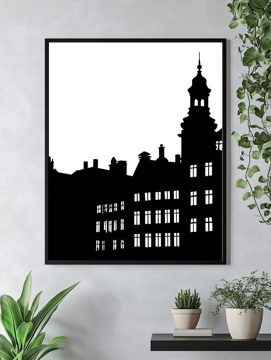 Historic City Skyline Black-White Print. — room view 4