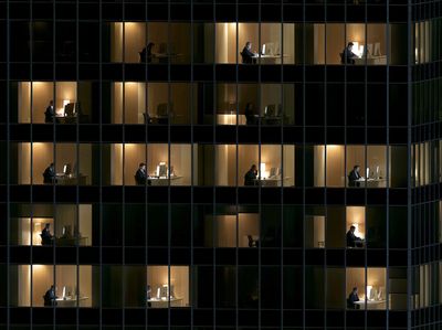 Office Windows at Night Photography Poster. poster