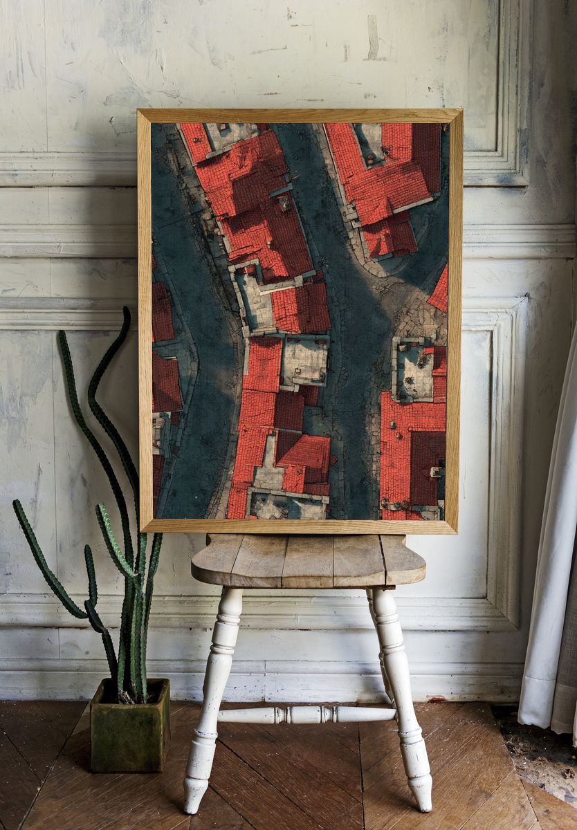 Aerial Red Roofs Architecture Print. — room view 1
