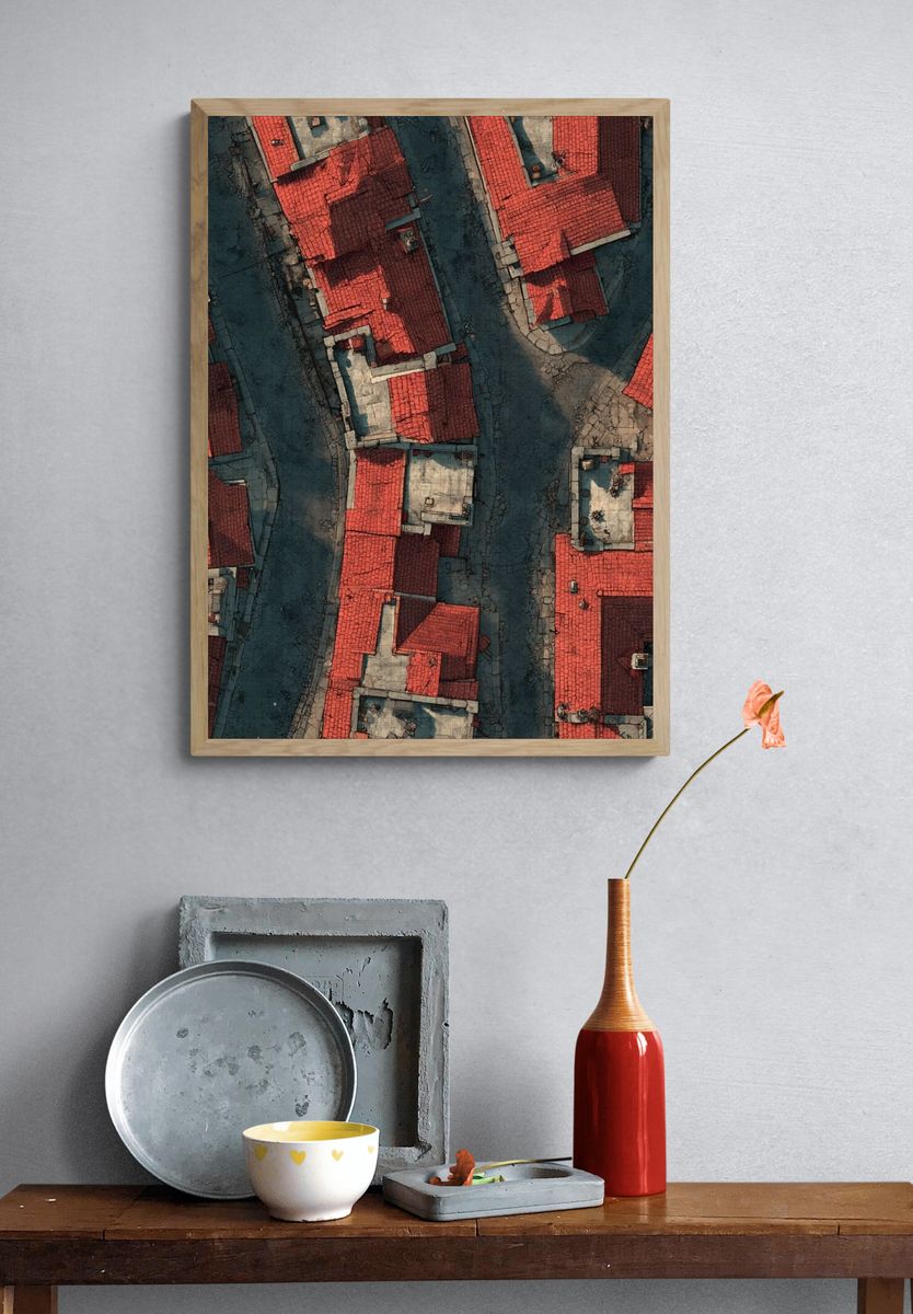 Aerial Red Roofs Architecture Print. — room view 3