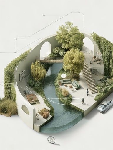 Surreal Courtyard Oasis Illustration Poster. poster detail