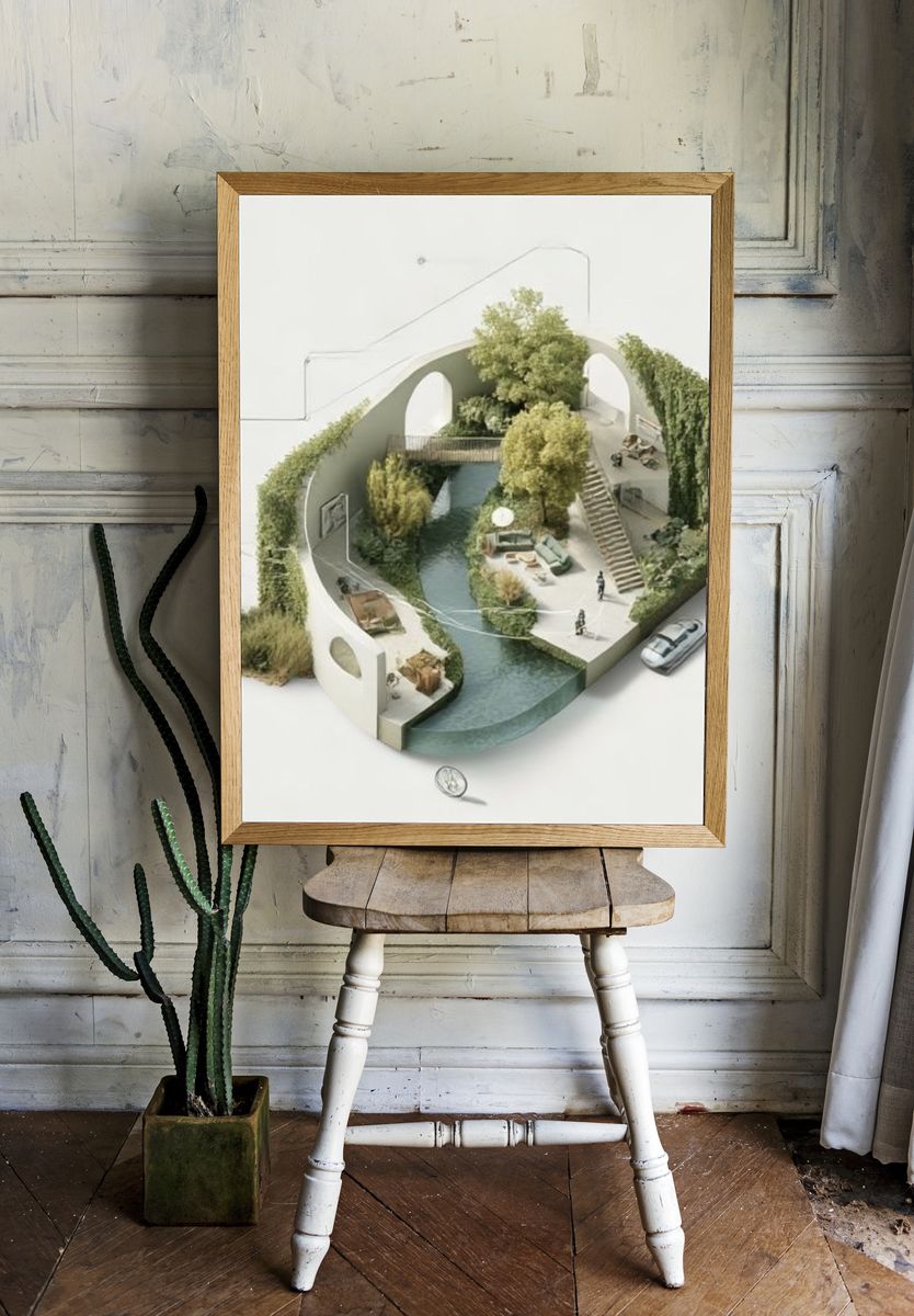 Surreal Courtyard Oasis Illustration Poster. — room view 1