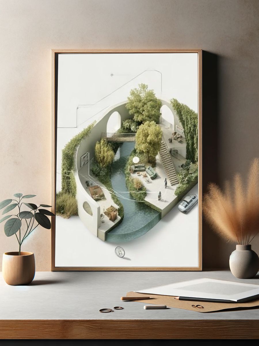Surreal Courtyard Oasis Illustration Poster. — room view 2