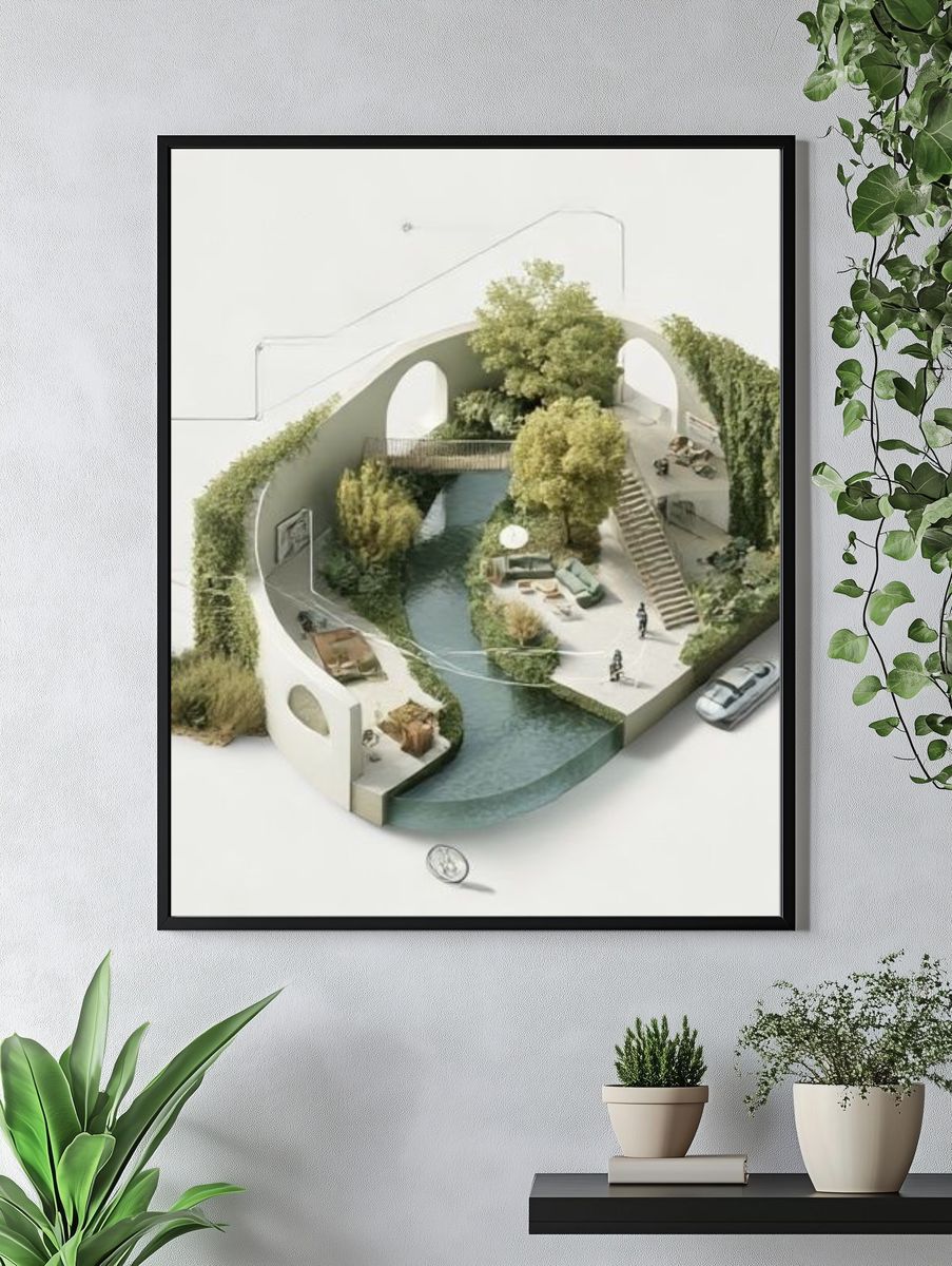 Surreal Courtyard Oasis Illustration Poster. — room view 4