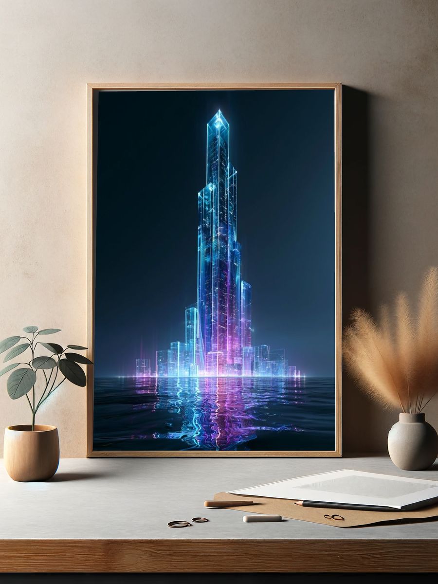 Neon Crystal Cityscape Poster. — room view 2