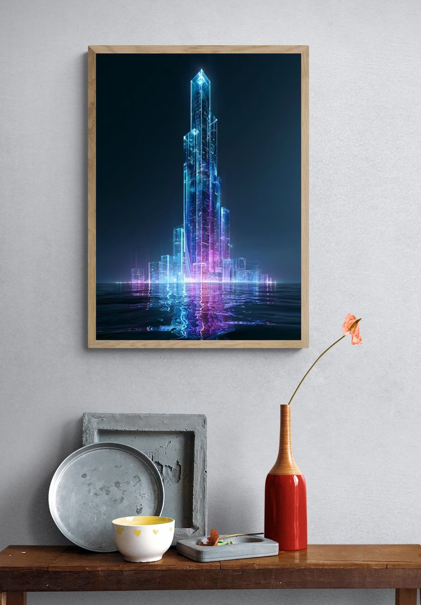 Neon Crystal Cityscape Poster. — room view 3