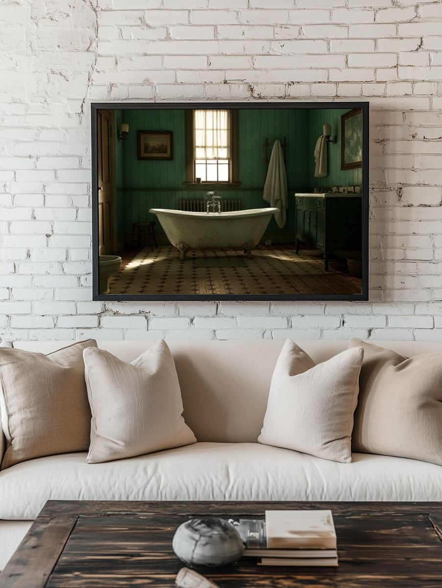 Vintage Green Bathroom Interior Print. — room view 1