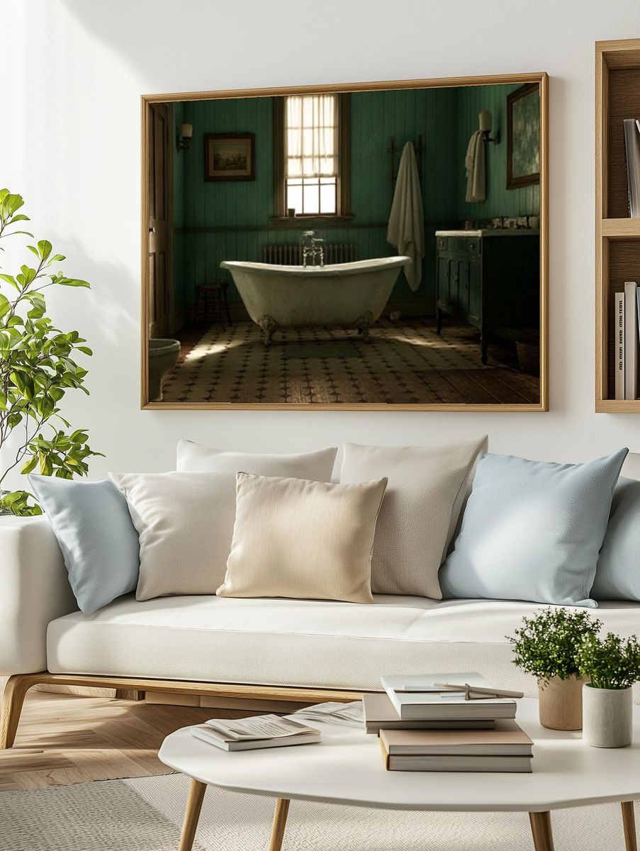 Vintage Green Bathroom Interior Print. — room view 2