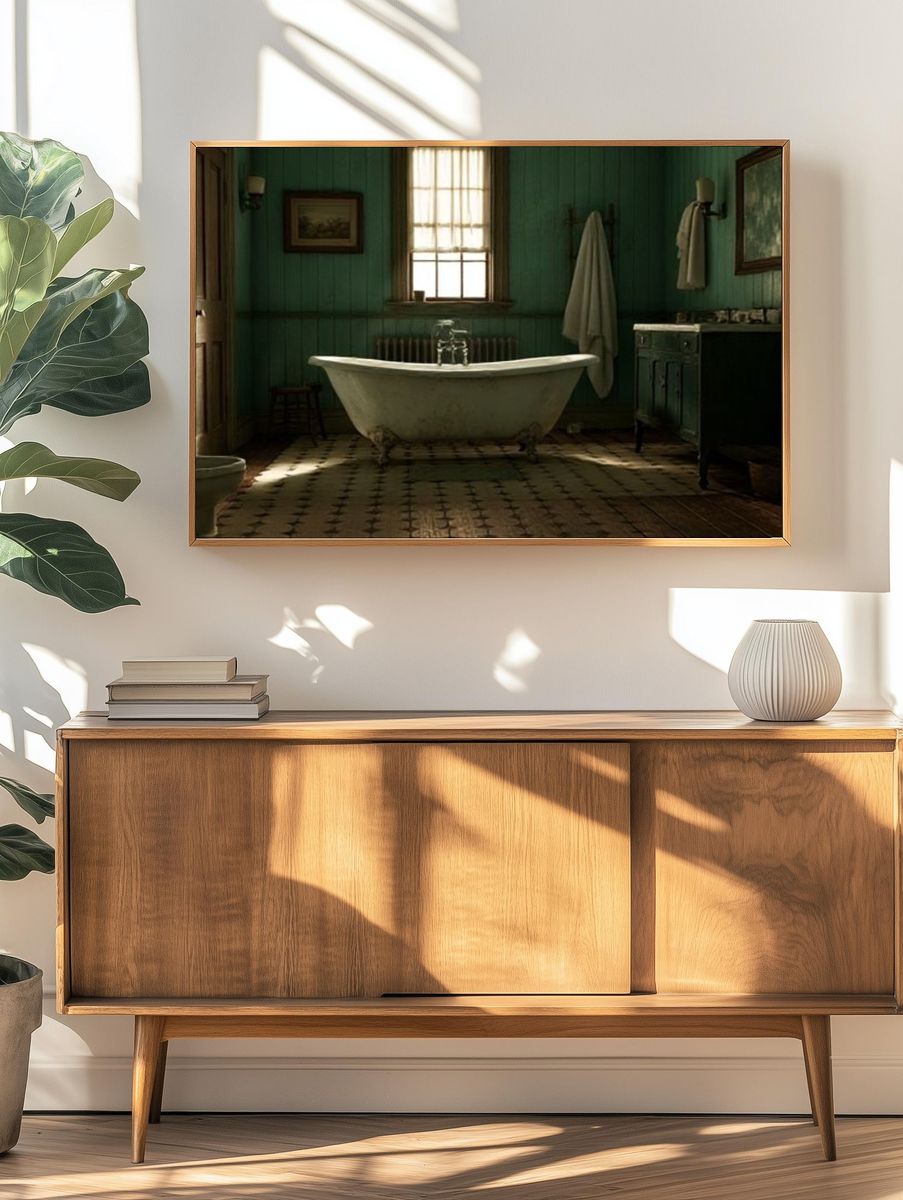 Vintage Green Bathroom Interior Print. — room view 3