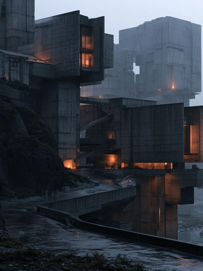 Foggy Brutalist Cliffside Architecture Poster. poster detail