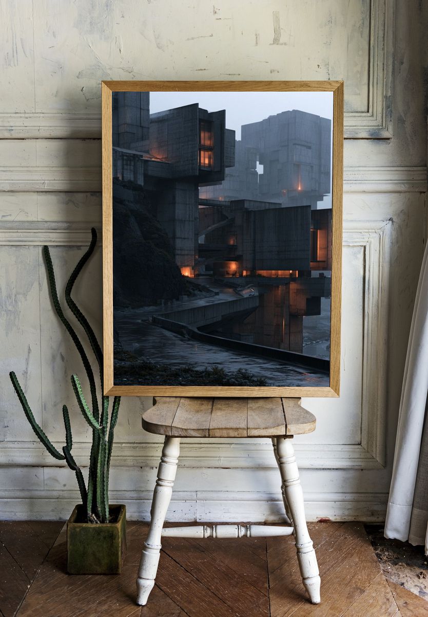 Foggy Brutalist Cliffside Architecture Poster. — room view 1