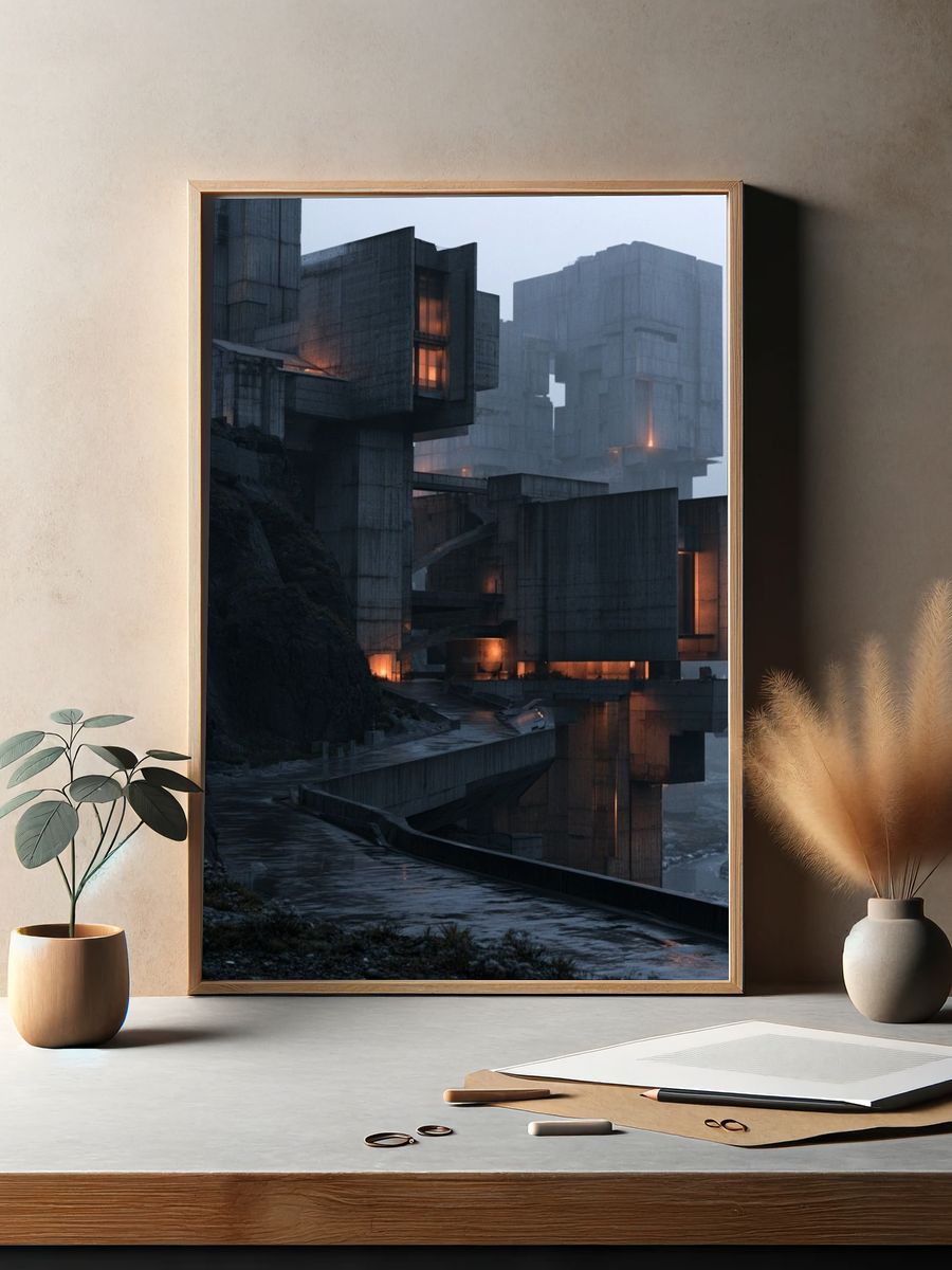 Foggy Brutalist Cliffside Architecture Poster. — room view 2